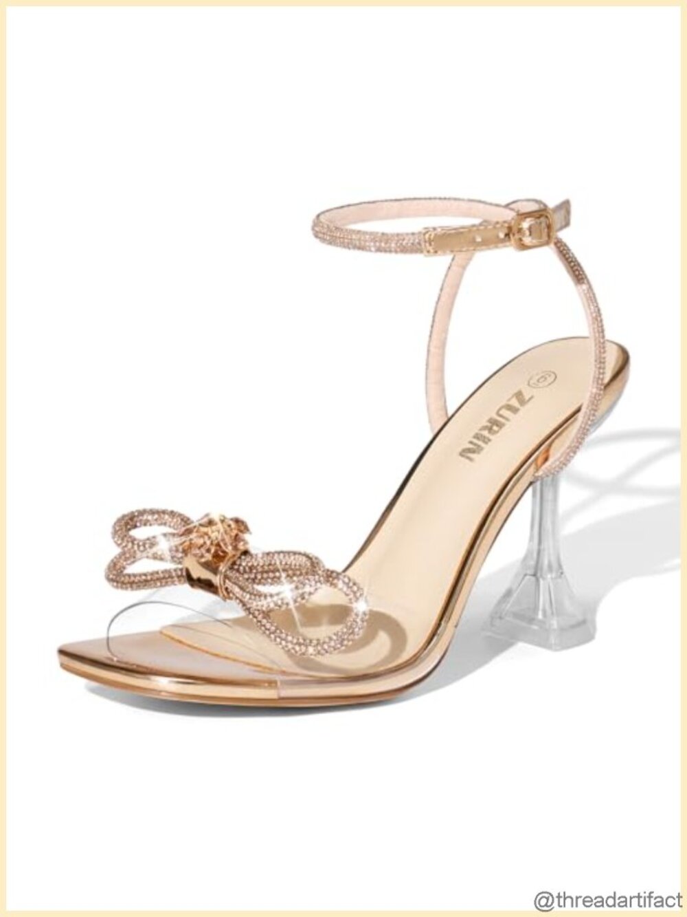 Rhinestone Bow Square Toe Clear Heeled Sandals with Ankle Strap